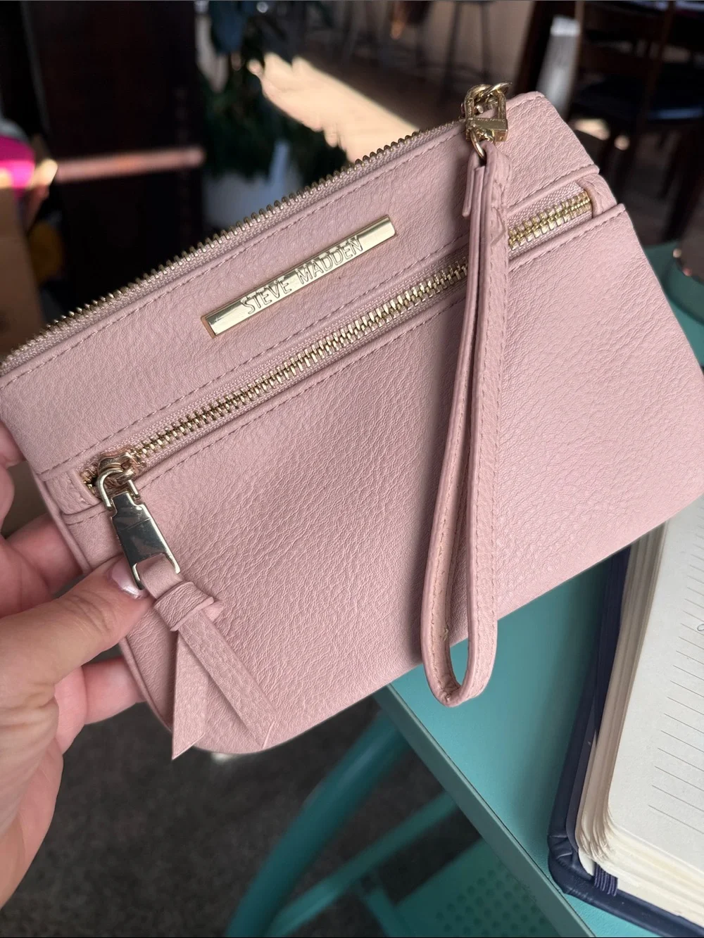 Steve Madden Blush Pink Wristlet leather purse clutch gold trim wallet